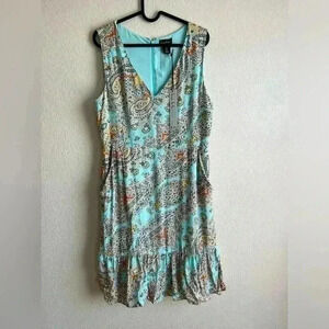 Nicole Miller Dress Women's 8 Blue Floral Paisley Sleeveless Ruffle Knee Length